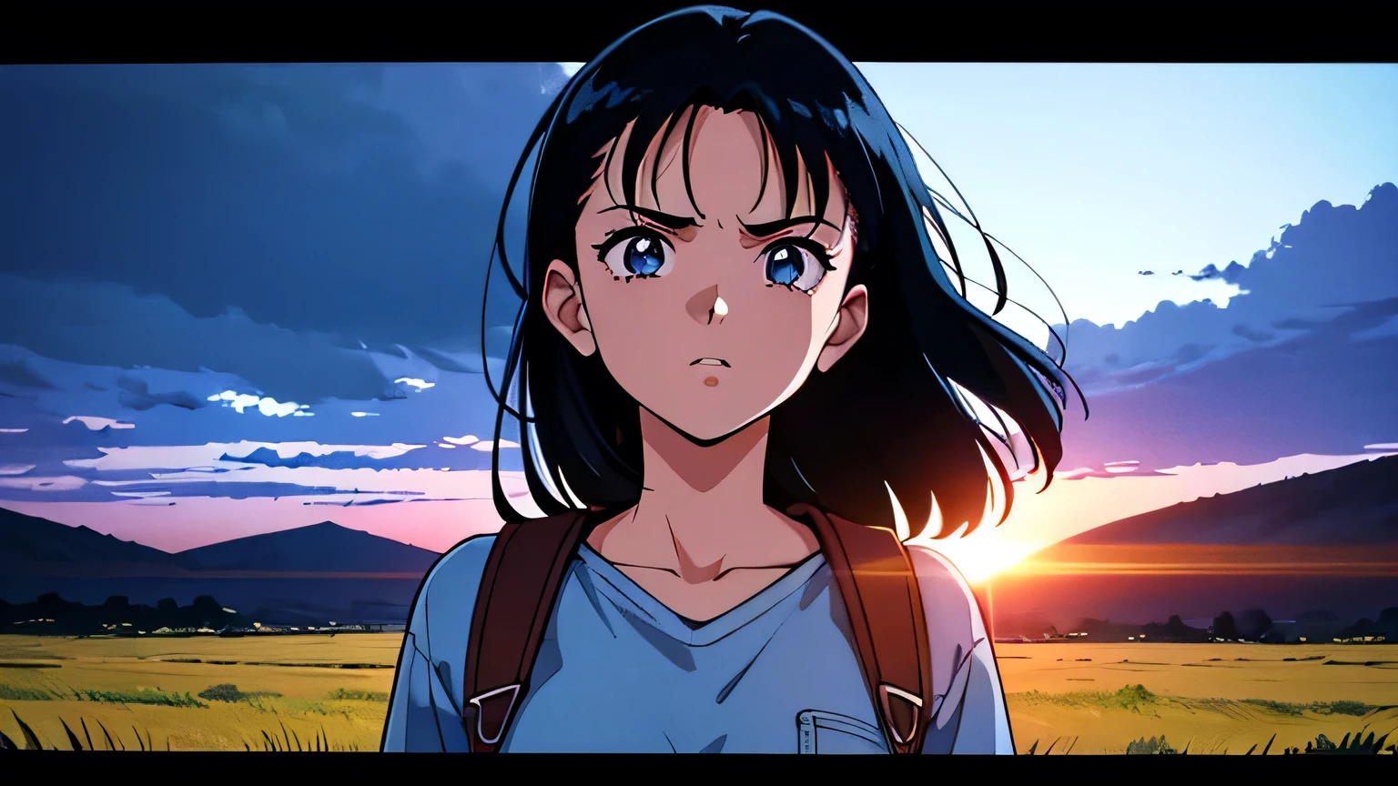 Vast Sky, Beautiful skyline, Vast grassland, Very tense and dramatic photo, Moving visual effects, The North Star Hanging High, Colorful natural glow. Girl wearing long sleeve top and denim shorts,Black Hair,Intricate details, (Cinema Lighting), RAW Photos, 8k ,High-resolution details,Retro Anime，1990s anime,highest quality, skin texture, intricate details, (cinematic lighting), RAW photo, 8k ,high definition detail,