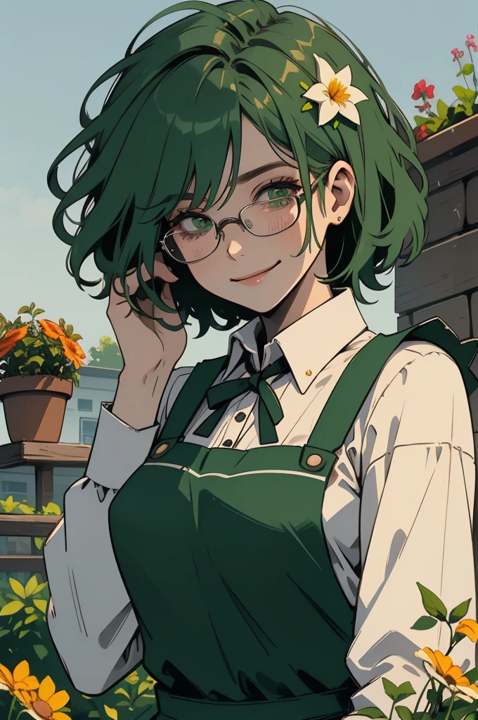 1girl, medium hair, gardening apron with soil, tan skin, medium breasts, cute, glasses, bashful, green hair, green eyes, half-closed eyes, dirty clothing, shy smile, office lady, gardening, gardening dirt on clothing and body, planting a flower, dirt on clothes,