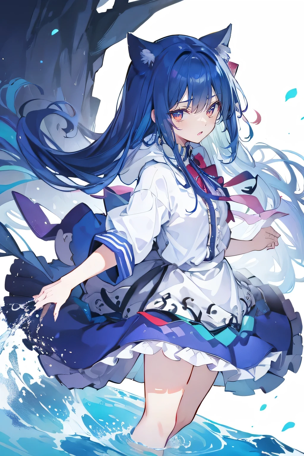 (masterpiece:1.2),Super detailed,lifelike,Expressive eyes,fair skin,perfect face shape,1 girl,
Japanese comics,Gorgeous blue hair,flowing blue hair,flowing clothes,Cat ears,Petals fall,beautiful lola,Baby Angel,
Shaking head with one hand,Cross your legs,Gentle and peaceful background,The pavilion is cool and comfortable,smile, wearing hoodie, background of tokyo,back views,snowing, winter,lie on the water.