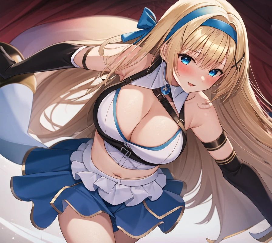 (masterpiece, best quality:1.2), 1girl, solo, blond hair, blue hairband, blue hair ribbon on the left, white-blue breast, black gloves, knight skirt, Solid color background