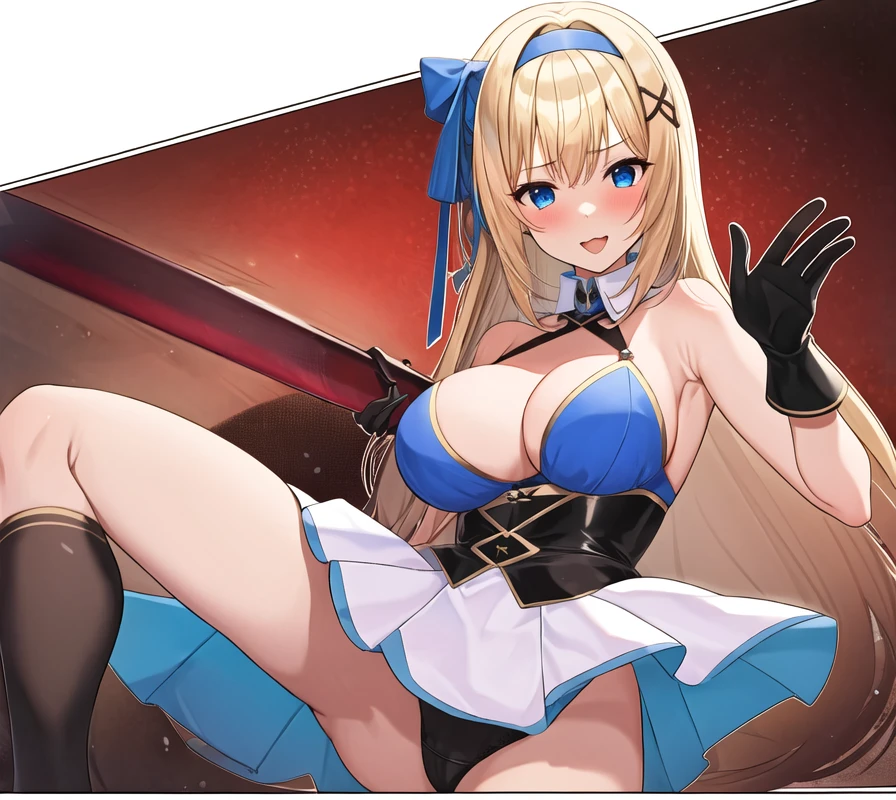 (masterpiece, best quality:1.2), 1girl, solo, blond hair, blue hairband, blue hair ribbon on the left, white-blue breast, black gloves, knight skirt, Solid color background