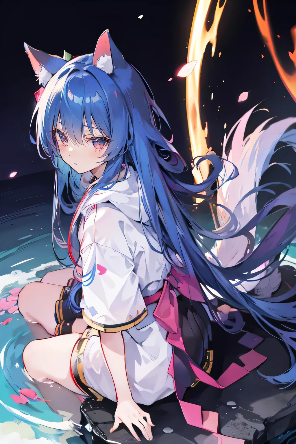 （masterpiece：1.2），Super detailed，lifelike，Expressive eyes，fair skin，perfect face shape，1 girl，
Japanese comics,Gorgeous blue hair,flowing blue hair,flowing clothes,Cat ears,Petals fall,beautiful lola,Baby Angel,
Shaking head with one hand，Cross your legs，Gentle and peaceful background，The pavilion is cool and comfortable,smile, wearing hoodie, background of tokyo,back views,snowing, winter,lie on the water.