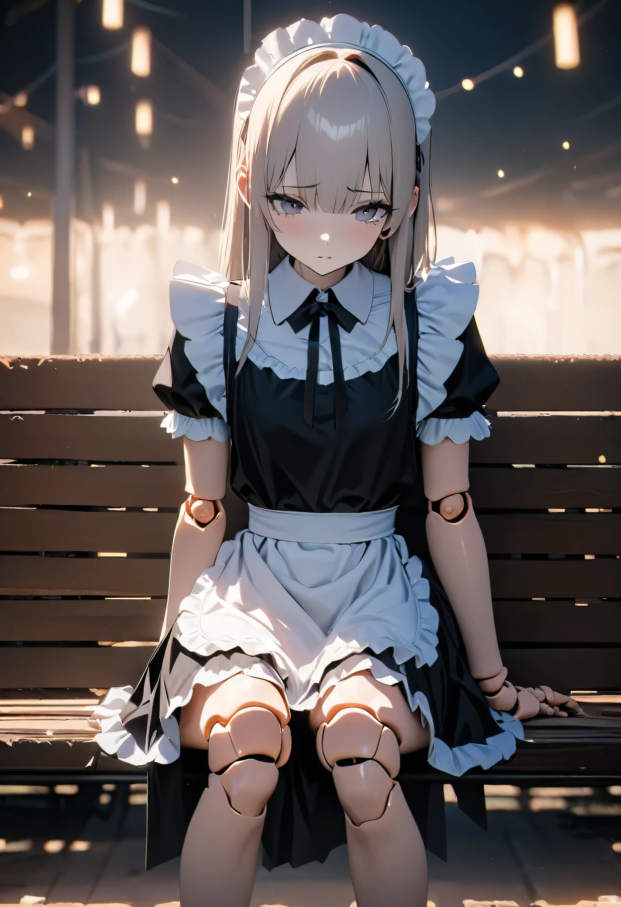 high resolution, 8K, masterpiece, Soft Light, Fair, Tempting, Sexy, 1 Girl, Solitary, looking at the audience, 22 years old, Tall and thin, (Wearing maid outfit , wear and tear) , Sit on a bench, (Doll joints),