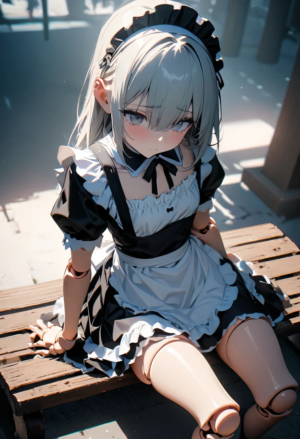 high resolution, 8K, masterpiece, Soft Light, Fair, Tempting, Sexy, 1 Girl, Solitary, looking at the audience, 22 years old, Tall and thin, (Wearing maid outfit , wear and tear) , Sit on a bench, (Doll joints),