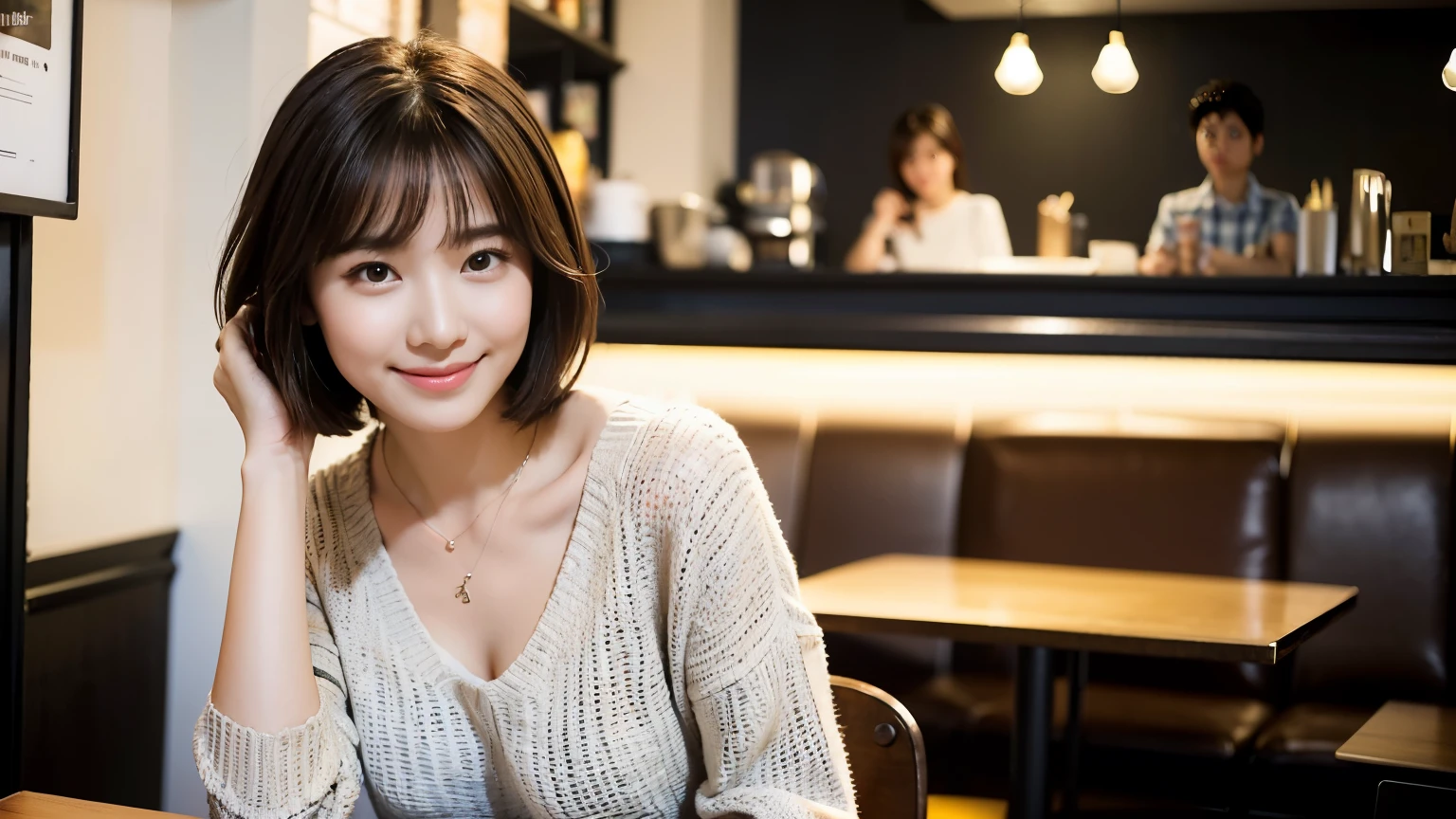 (最high quality、8k、32k、masterpiece:1.2)、A photo of a female college student who looks like a cute model、Normal breasts、Short Bob Hair、Upper Body、Face Focus、Extra Large_sweater、necklace、Looking at the audience、background a trendy coffee shop with a unique aesthetic and atmosphere. Incorporate elements like modern furniture, Artistic decoration, and ambient lighting to enhance the ambiance. People who enjoy drinks々Consider including, engaging in conversation, or quietly working on laptops. Let your creativity flow、In this chic café setting「StableDiffusion」Let the idea come to life, I can see that other customers are enjoying it too...。Inside the cafe、The staff are busy working at the counter...、Feel the vibrancy and warmth of an urban café...., Sharp focus, 1 girl, Sexy 1.2, Brown Hair, With bangs, Beautiful Eyes, 切れ長のBeautiful Eyes, double eyelid, (Cat face), (cute Face), cute Smile, (shut up.), (cute), Soft Skin, Surreal, Very detailed, high quality, (Beautiful female college student with short hair studying in a cafe), ((Detailed very cute college girl),