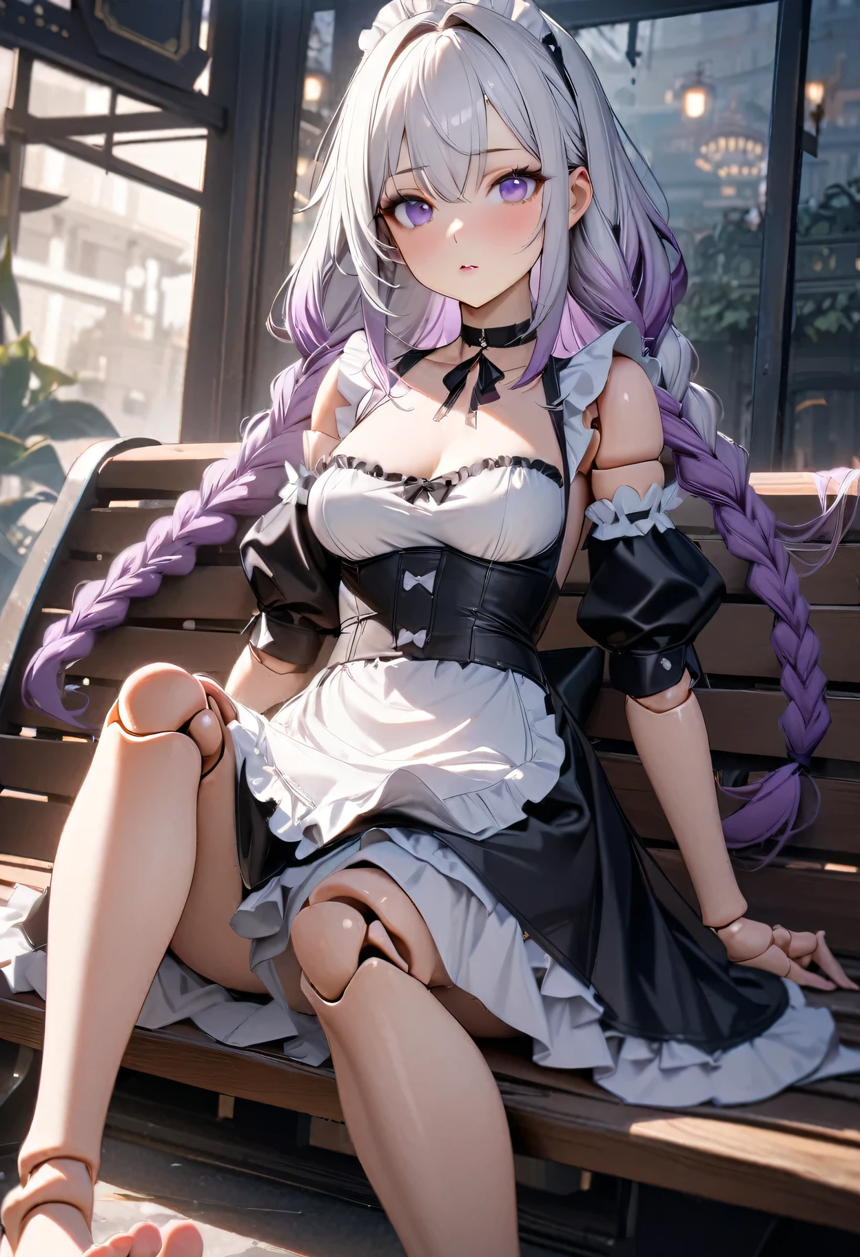 high resolution, 8K, masterpiece, Soft Light, Tempting, Sexy, 1 Girl, yinji, purple hair, purple eyes, long hair, white hair, double braids, gradient hair, looking at the audience, Medium breasts, Exquisite maid dress, white maid apron, Layered clothes, Puff sleeves, Black leather choker, Sit on a bench, (Doll joints), Barefoot toes
