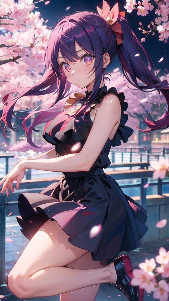1 anime girl, alone,Black petals flutter, A mysteriously shining butterfly.city,bright pink hair,red gem eyes,long twin tails,thin legs,very clear,highest quality,Cherry blossoms all around,city,cherry blossoms,cherry blossomsミク,beautiful morning,Asahi,close up face,Sunny,jumping,whole body