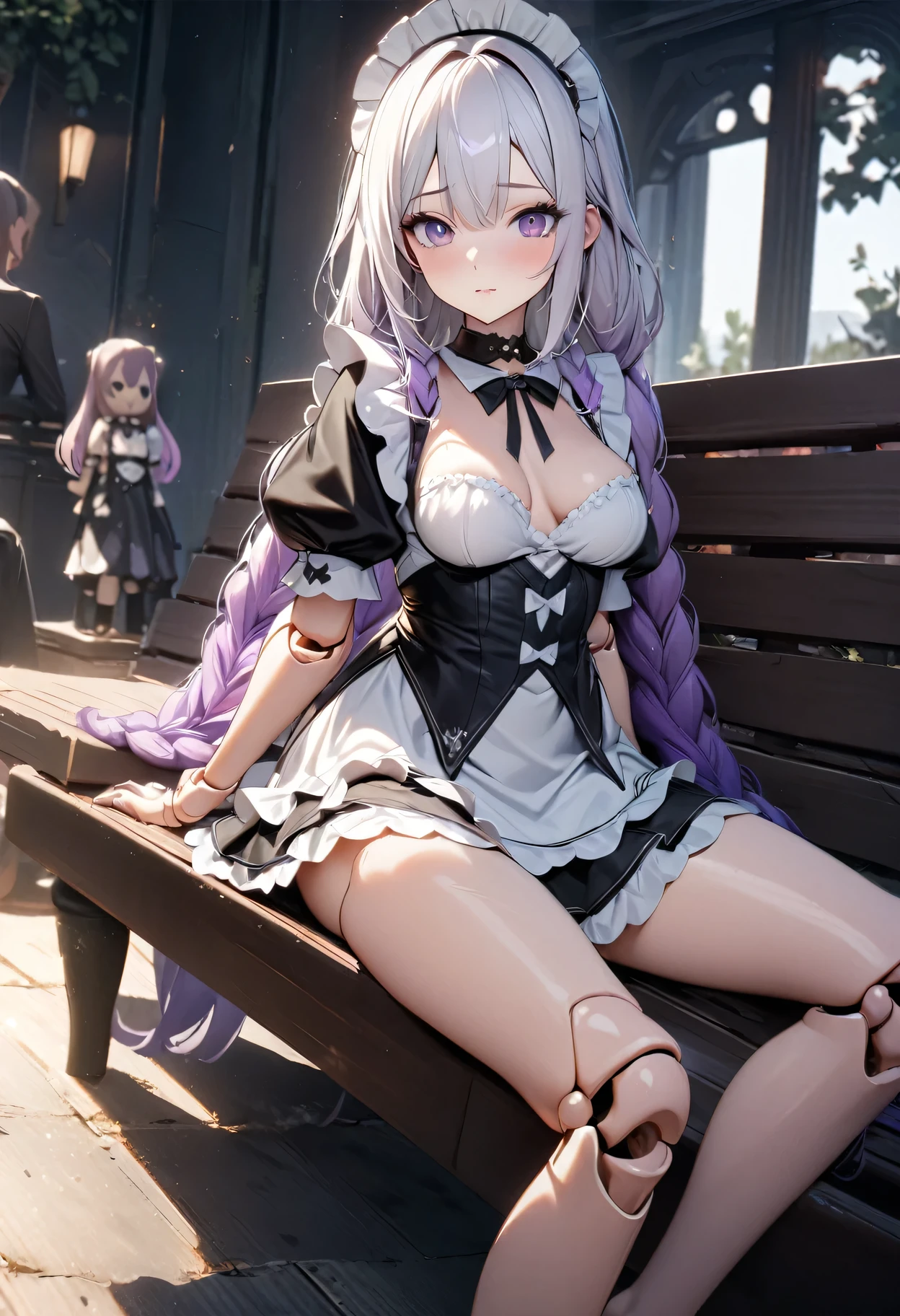 high resolution, 8K, masterpiece, Soft Light, Tempting, Sexy, 1 Girl, yinji, purple hair, purple eyes, long hair, white hair, double braids, gradient hair, looking at the audience, Medium breasts, Exquisite maid dress, white maid apron, Layered clothes, Puff sleeves, Black leather choker, Sit on a bench, (Doll joints), Barefoot toes