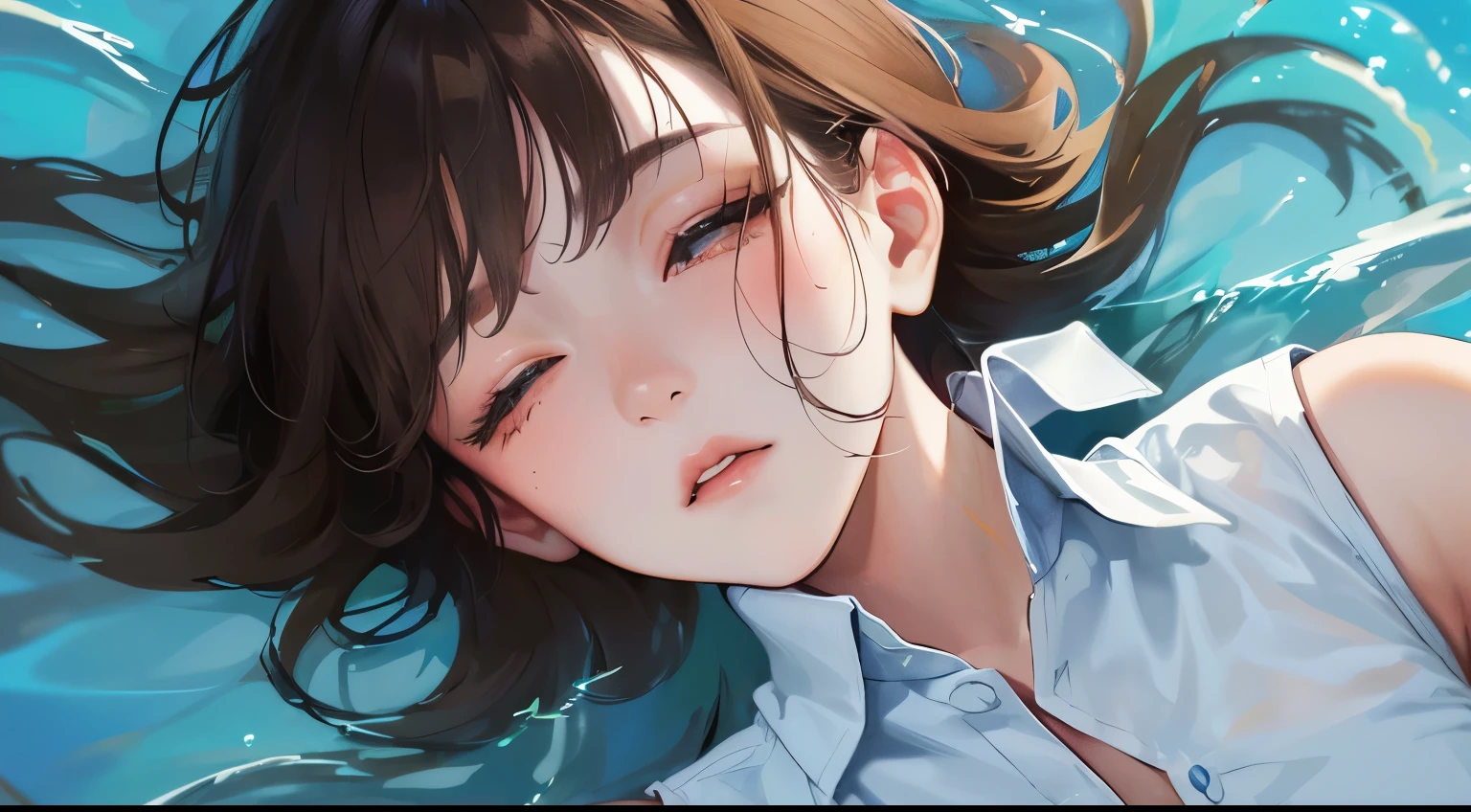 ((The bottom of the sea)))、(((One Girl)))、((Expressionless)),Masterpiece,best quality, ((Are sleeping))), ,((Sleeveless shirt))、((The sea reflecting the sky))、determined expression, Upper body diagram、 (Highest Resolution、Clear_image)、Best Quality、Light and shadow contrast、((illumination))、Very detailed、Semi-realistic、Short Hairstyle、Brown Hair、bangs、19 years old、 Lady,,young、((View from above))、Delicate Facial Features