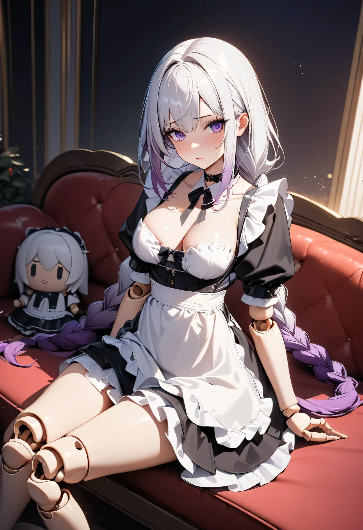 high resolution, 8K, masterpiece, Soft Light, Tempting, Sexy, 1 Girl, yinji, purple hair, purple eyes, long hair, white hair, double braids, gradient hair, looking at the audience, Medium breasts, Exquisite maid dress, white maid apron, Layered clothes, Puff sleeves, Black leather choker, Sitting on the sofa, (Doll joints)