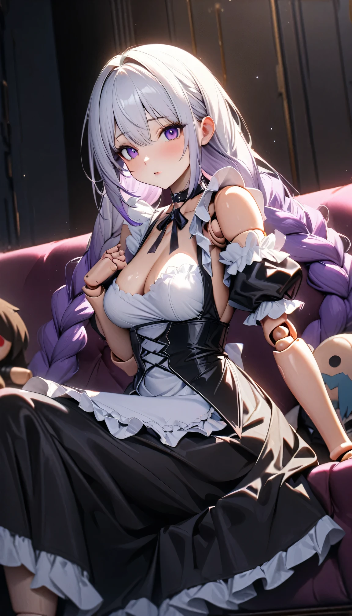 high resolution, 8K, masterpiece, Soft Light, Tempting, Sexy, 1 Girl, yinji, purple hair, purple eyes, long hair, white hair, double braids, gradient hair, looking at the audience, Medium breasts, Exquisite maid dress, white maid apron, Layered clothes, Puff sleeves, Black leather choker, Sitting on the sofa, (Doll joints)