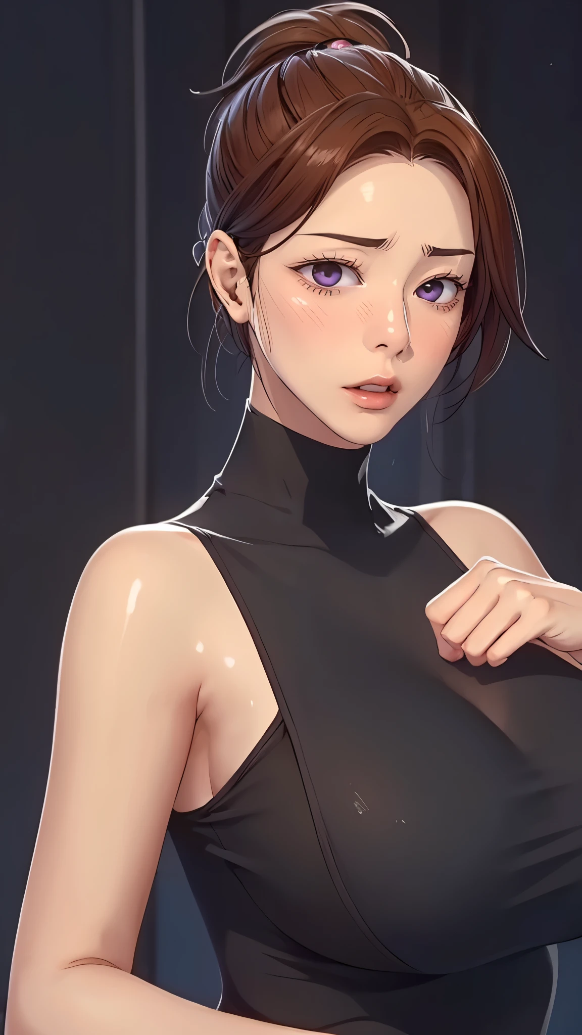 (((完美figure,figure,solo, White and tender skin,(((Cyberpunk,Black dress, ))),(((junescdef,brown hair,purple eyes,medium hair,))),((masterpiece)),high resolution, ((Best quality at best)),masterpiece,quality,Best quality,((( Exquisite facial features,Looking at the audience,There is light in the eyes,(((lol,Happy,blush))),))),(((Light and shadow,Huge breasts))),(((Looking at the camera,black background,))))