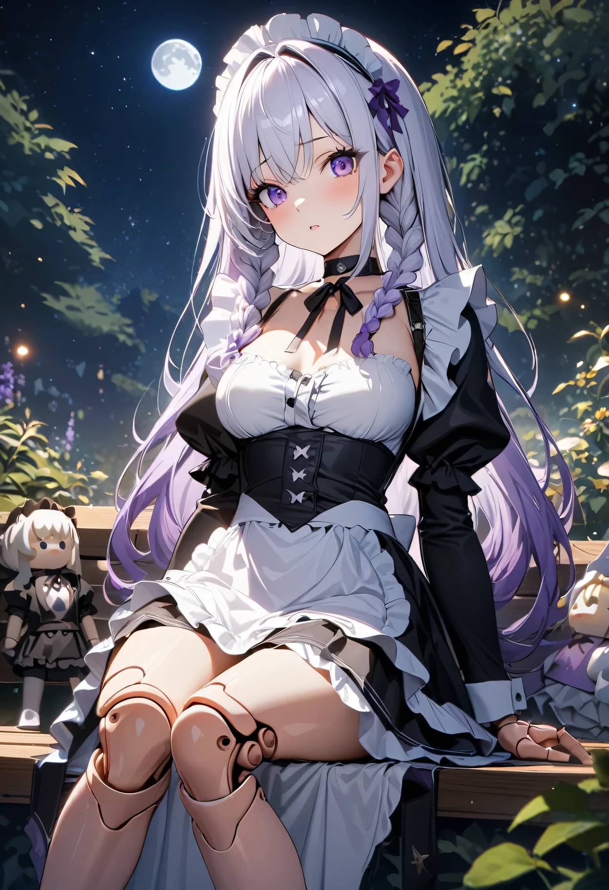 high resolution, 8K, masterpiece, Soft Light, Tempting, Sexy, 1 Girl, yinji, purple hair, purple eyes, long hair, white hair, double braids, gradient hair, looking at the audience, Medium breasts, Exquisite maid dress, white maid apron, Layered clothes, Puff sleeves, Black leather choker, (Doll joints), Sitting on a bench, outdoor, garden, moon, Starry Sky