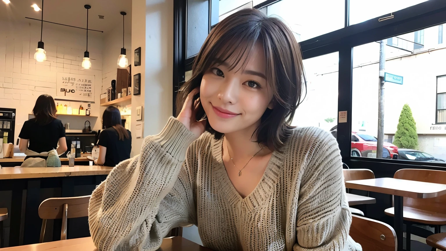 (最high quality、8k、32k、masterpiece:1.2)、A photo of a female college student who looks like a cute model、Normal breasts、Short Bob Hair、Upper Body、Face Focus、Extra Large_sweater、necklace、Looking at the audience、background a trendy coffee shop with a unique aesthetic and atmosphere. Incorporate elements like modern furniture, Artistic decoration, and ambient lighting to enhance the ambiance. People who enjoy drinks々Consider including, engaging in conversation, or quietly working on laptops. Let your creativity flow、In this chic café setting「StableDiffusion」Let the idea come to life, I can see that other customers are enjoying it too...。Inside the cafe、The staff are busy working at the counter...、Feel the vibrancy and warmth of an urban café...., Sharp focus, 1 girl, Sexy 1.2, Brown Hair, With bangs, Beautiful Eyes, 切れ長のBeautiful Eyes, double eyelid, (Cat face), (cute Face), cute Smile, (shut up.), (cute), Soft Skin, Surreal, Very detailed, high quality, (Beautiful female college student with short hair studying in a cafe), ((Detailed very cute college girl),