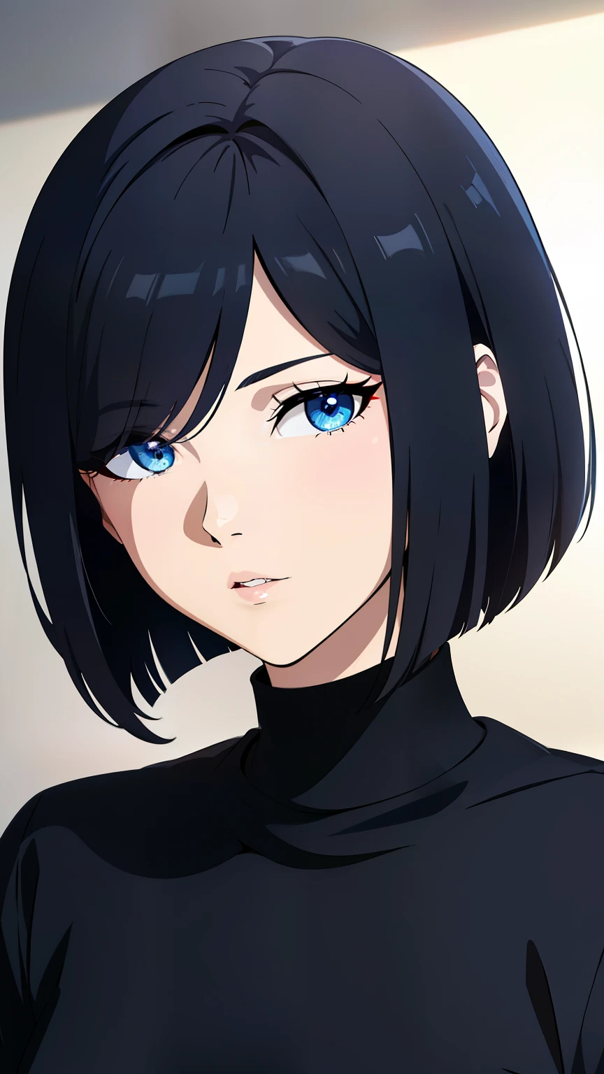 (best quality:1.5, highres, UHD, 4K, detailed lighting, shaders), black hair, bob cut, hair covering one eye, cool woman, cool girl, sharp eyes, blue eyes, beautiful, bedroom background, casual clothes, (pov, close shot)