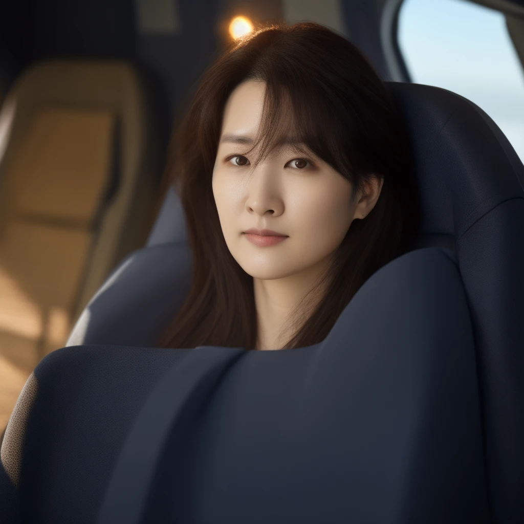 a beautiful young woman, Lee Young-ae, sitting on an airplane seat, detailed facial features, intricate clothing, realistic interior of the aircraft, high-quality 4k 8k resolution, cinematic lighting, cinematic composition, photorealistic, masterpiece, ultra-detailed, sharp focus, vivid colors, HDR, physically-based rendering