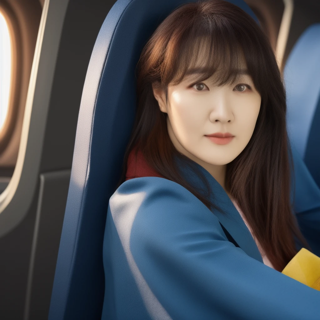 a beautiful young woman, Lee Young-ae, sitting on an airplane seat, detailed facial features, intricate clothing, realistic interior of the aircraft, high-quality 4k 8k resolution, cinematic lighting, cinematic composition, photorealistic, masterpiece, ultra-detailed, sharp focus, vivid colors, HDR, physically-based rendering