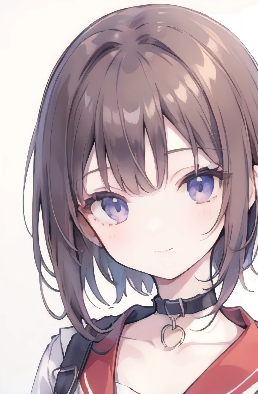 1girl, anime_coloring, black_eyes, brown_hair, choker, short_hair, smile, solo, style_parody,  