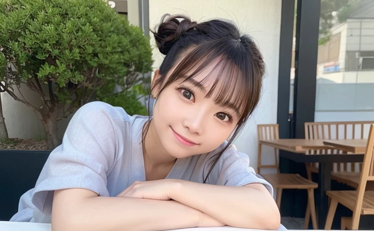 Feminine summer outfit、Random pose、(highest quality,masterpiece:1.3,超A high resolution,),(Ultra-detailed,Caustics),(Photorealistic:1.4,RAW shooting,)Ultra-Realistic Capture,Very detailed,High resolution 16K human skin closeup、 The skin texture is natural、The skin looks healthy、The color is also uniform.、 Use natural light and color,1 girl,Japanese,,cute,Black Hair,,smile,,(Depth of written boundary、chromatic aberration、、Wide range of lighting、Hair Bun、24-years-old、Cafe Terrace