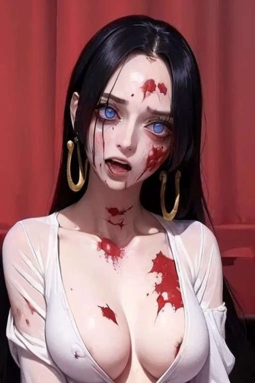 best quality, masterpiece, highly detailed,1girl, ((blood)), (vine), cage, bandage, red rope, (detail light), falling blood petals, Boa Hancock, , (masterpiece:1.5), Detailed Photo, Smiling, Sexy, (8K, Best Quality: 1.4), (1girl), Beautiful Face, (anime realistic Face), (Black Hair, long Hair: 1.3), Beautiful Hairstyle, Realistic eyes, beautiful detail eyes, (white skin), beautiful skin, absurd, attractive, ultra high resolution, ultra realistic, high definition, golden ratio, (sexually aroused:1.5), Pinkish white skin, cool white light, sexy pose, Beautiful , white background, pink soft white light, Wear a white dress, sexy, black lace bra, (zombie girl:1.4), (bleeding:1.6), (cute dead girl:1.5), (deadly eyes:1.8), (Eyes without sparkle1.7), pale skin, dead body, no life, (lifeless:1.5), (Wounds on the body:1.6), (dribbling:1.5), (red blood on body:1.3), (Bruise on the body:1.4), (Torn skin:1.5), (Exposed bones:1.5), (Tattered clothes:1.5), (rotting flesh:1.5) (blood vessel:1.5)