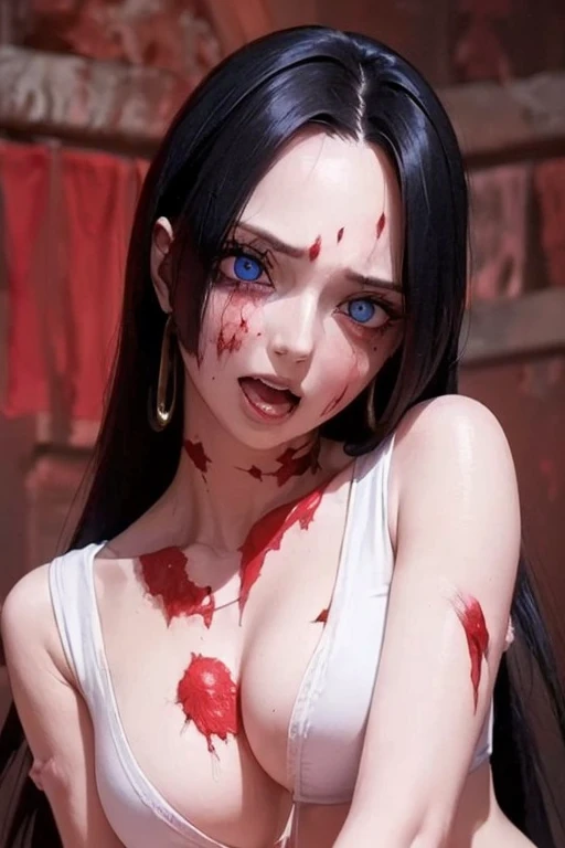 best quality, masterpiece, highly detailed,1girl, ((blood)), (vine), cage, bandage, red rope, (detail light), falling blood petals, Boa Hancock, , (masterpiece:1.5), Detailed Photo, Smiling, Sexy, (8K, Best Quality: 1.4), (1girl), Beautiful Face, (anime realistic Face), (Black Hair, long Hair: 1.3), Beautiful Hairstyle, Realistic eyes, beautiful detail eyes, (white skin), beautiful skin, absurd, attractive, ultra high resolution, ultra realistic, high definition, golden ratio, (sexually aroused:1.5), Pinkish white skin, cool white light, sexy pose, Beautiful , white background, pink soft white light, Wear a white dress, sexy, black lace bra, (zombie girl:1.4), (bleeding:1.6), (cute dead girl:1.5), (deadly eyes:1.8), (Eyes without sparkle1.7), pale skin, dead body, no life, (lifeless:1.5), (Wounds on the body:1.6), (dribbling:1.5), (red blood on body:1.3), (Bruise on the body:1.4), (Torn skin:1.5), (Exposed bones:1.5),  (Tattered clothes:1.5), (rotting flesh:1.5) (blood vessel:1.5)