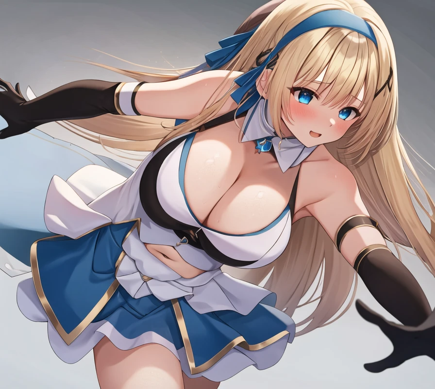 (masterpiece, best quality:1.2), 1girl, solo, blond hair, blue hairband, blue hair ribbon on the left, white-blue breast, black gloves, knight skirt, gray background
