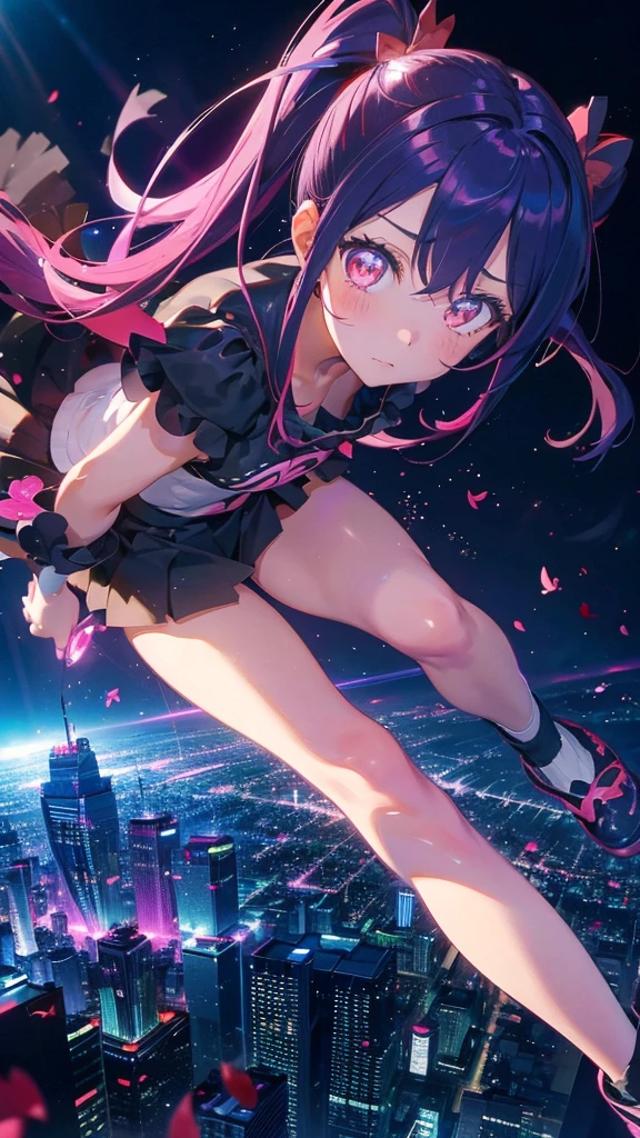1 anime girl, alone,Black petals flutter, A mysteriously shining butterfly.city,bright pink hair,red gem eyes,long twin tails,thin legs,very clear,highest quality,all around,city,beautiful morning,Asahi,close up face,Sunny,jumping,whole body,Sad expression