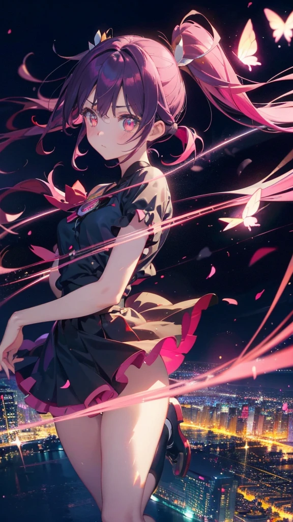 1 anime girl, alone,Black petals flutter, A mysteriously shining butterfly.city,bright pink hair,red gem eyes,long twin tails,thin legs,very clear,highest quality,all around,city,beautiful morning,Asahi,close up face,Sunny,jumping,whole body,Sad expression