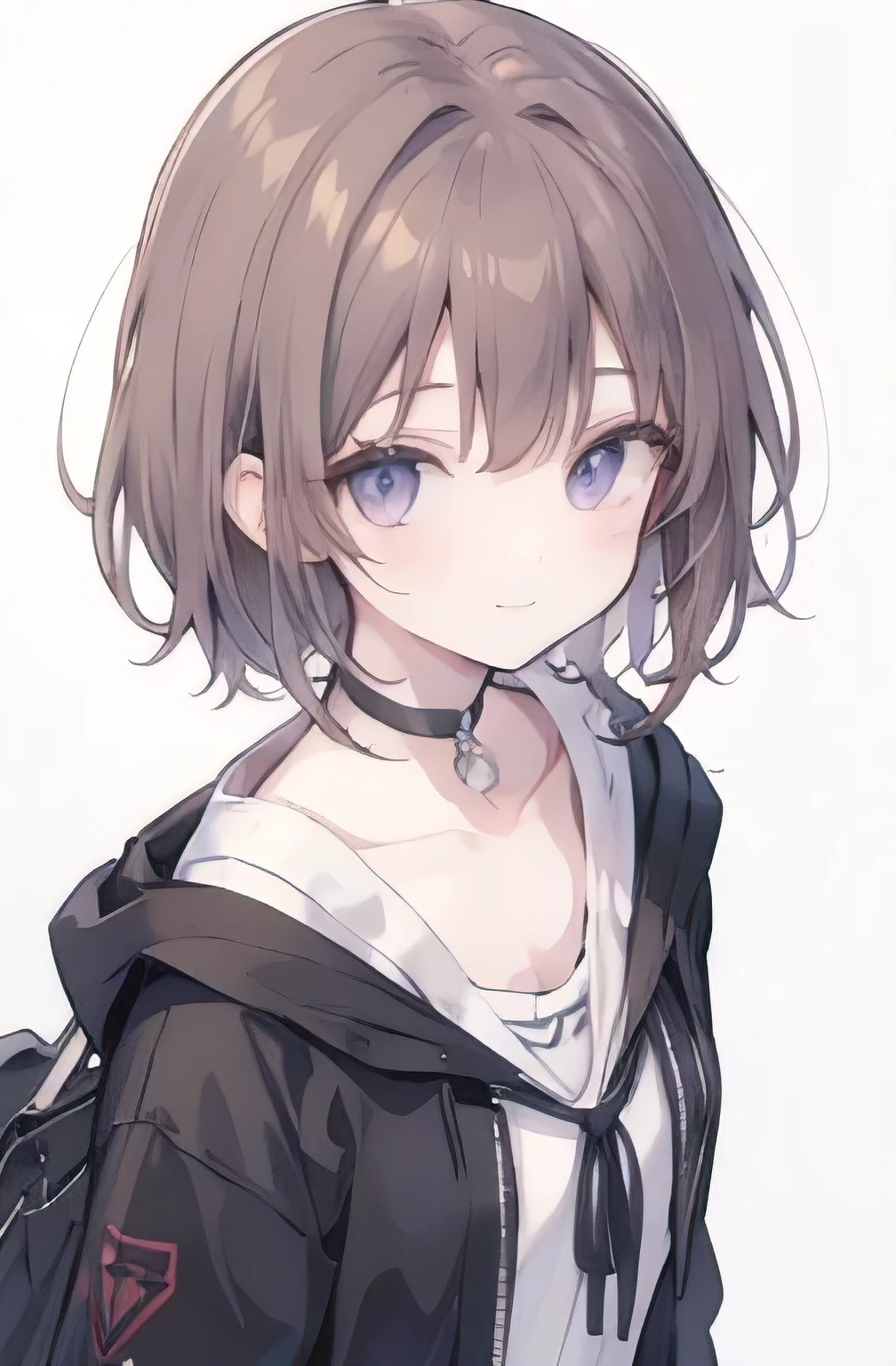 1girl, anime_coloring, black_eyes, brown_hair, choker, short_hair, smile, solo, style_parody,  