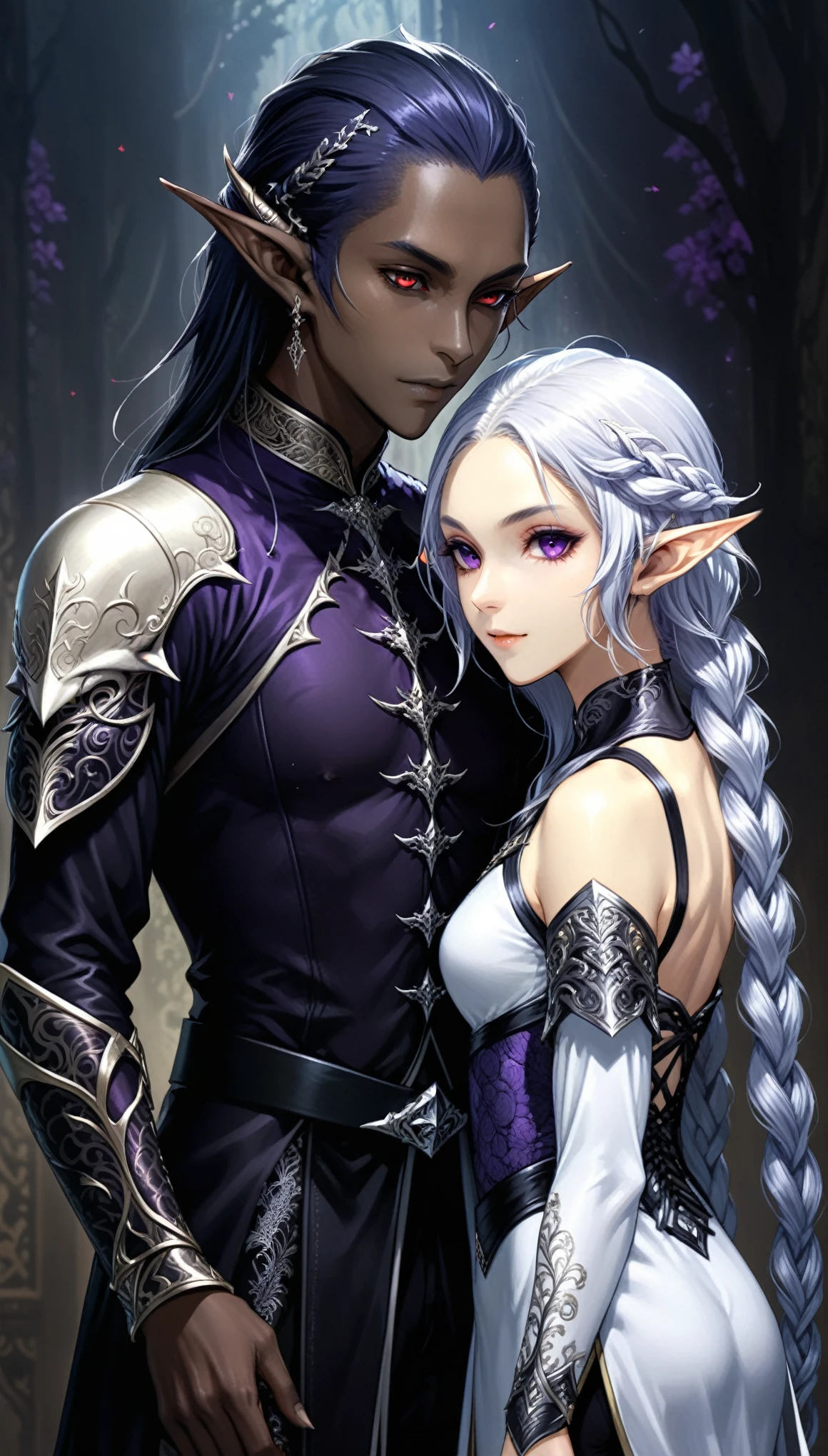 (in style of Takeshi Obata:0.9),
realist,(masterpiece, best quality, official art, beauty, Gothic, Tokyo Ghoul style:1.2),Very detailed,fractal art,Gorgeous,Zentangle,(Back-to-back),yinji,purple hair,purple eyes,long hair,white hair,double braids,gradient hair,Japanese folk style clothing,1 husband and wife,height_difference,(1 dark elf boy,1 white elf girl,poseing:1.8),