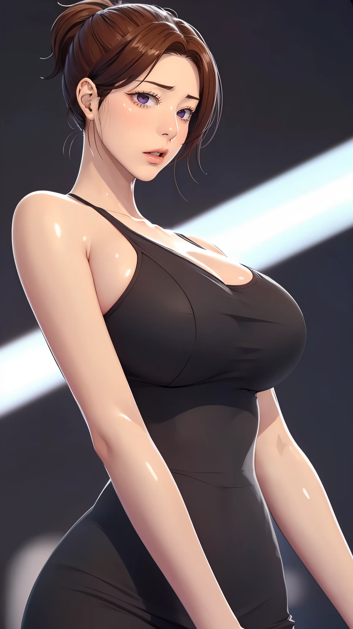 （（（完美figure，figure，solo， White and tender skin，（（（Cyberpunk，Black dress, ））），（（（junescdef,brown hair,purple eyes,medium hair，））），((masterpiece)),high resolution, ((Best quality at best))，masterpiece，quality，Best quality，（（（ Exquisite facial features，Looking at the audience,There is light in the eyes，(（（lol，Happy，blush））），））），（（（Light and shadow，Huge breasts））），（（（Looking at the camera，black background，)）））