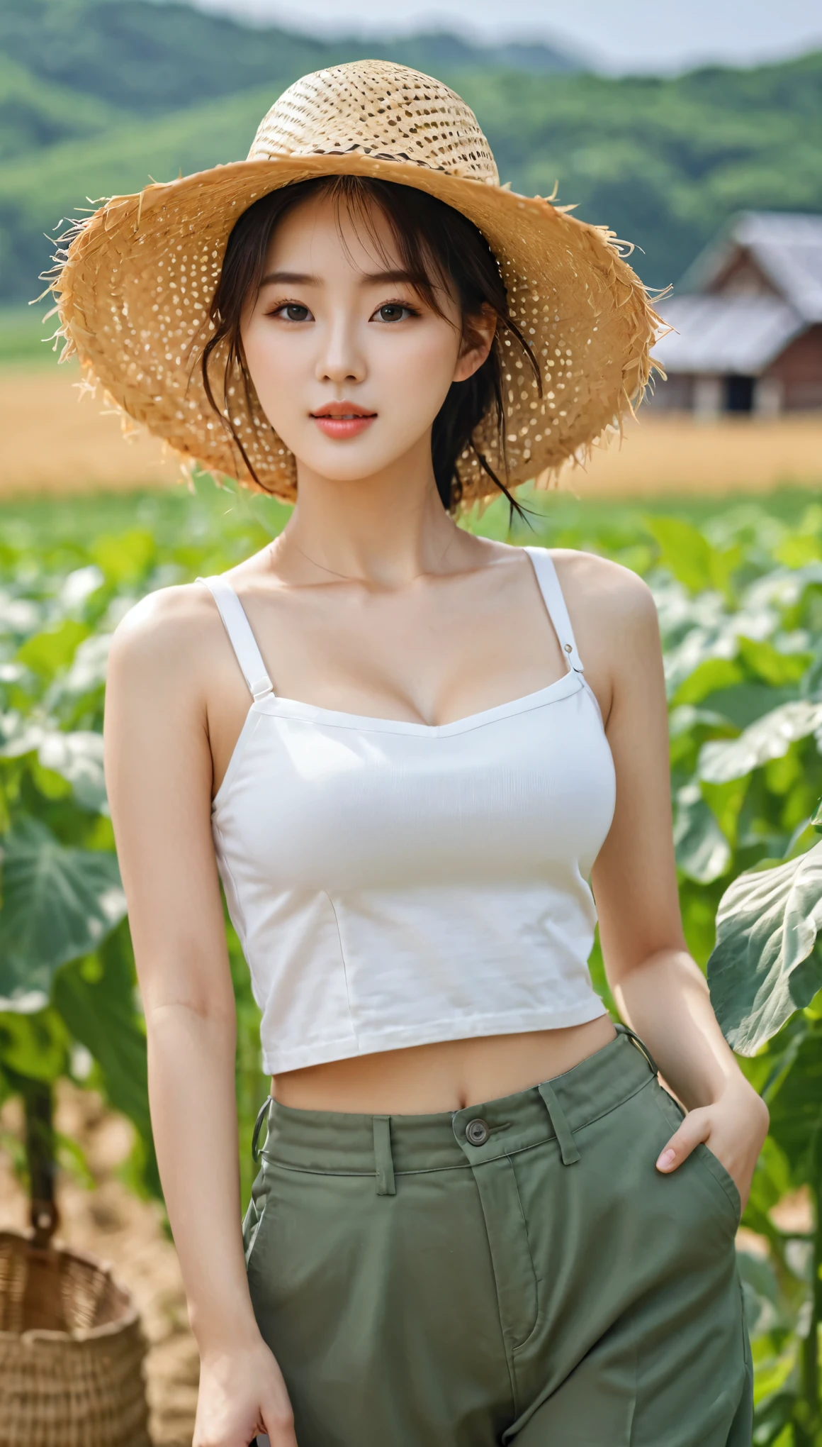 close-up of beautiful korean female, 34 inches breasts size, wearing crop top, pants, wearing straw hat, in a farm, bokeh background, UHD