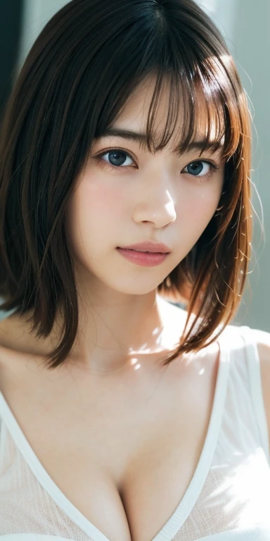 (((Medium Hair))), highest quality, 8k, Hmph, High Resolution, Absurd:1.2, picture, (Raw photo:1.2), (Photorealistic:1.4), (masterpiece:1.3), (Intricate details:1.2), One Girl, solo, Japanese girl, 繊細in美しいディテール, (Detailed eyes), (Detailed facial features), , (((Large Breasts))), Firm Skin, (look up_in_Audience), from_front, (skin), (highest quality:1.4), (超A high resolution:1.2), Cinematic light, (Highly detailed illustration), (Lip gloss、highest quality、超A high resolution、Depth of written boundary、Caustics、Broad Lighting、Natural Shading、85mm、f/ 1.4、ISO 200、1 / 160 seconds:0.75)、One Girl、solo、necklace、Nogizaka Idol、Gravure idol pose、Beauty,  White blouse、pastel cardigan、Midday Office