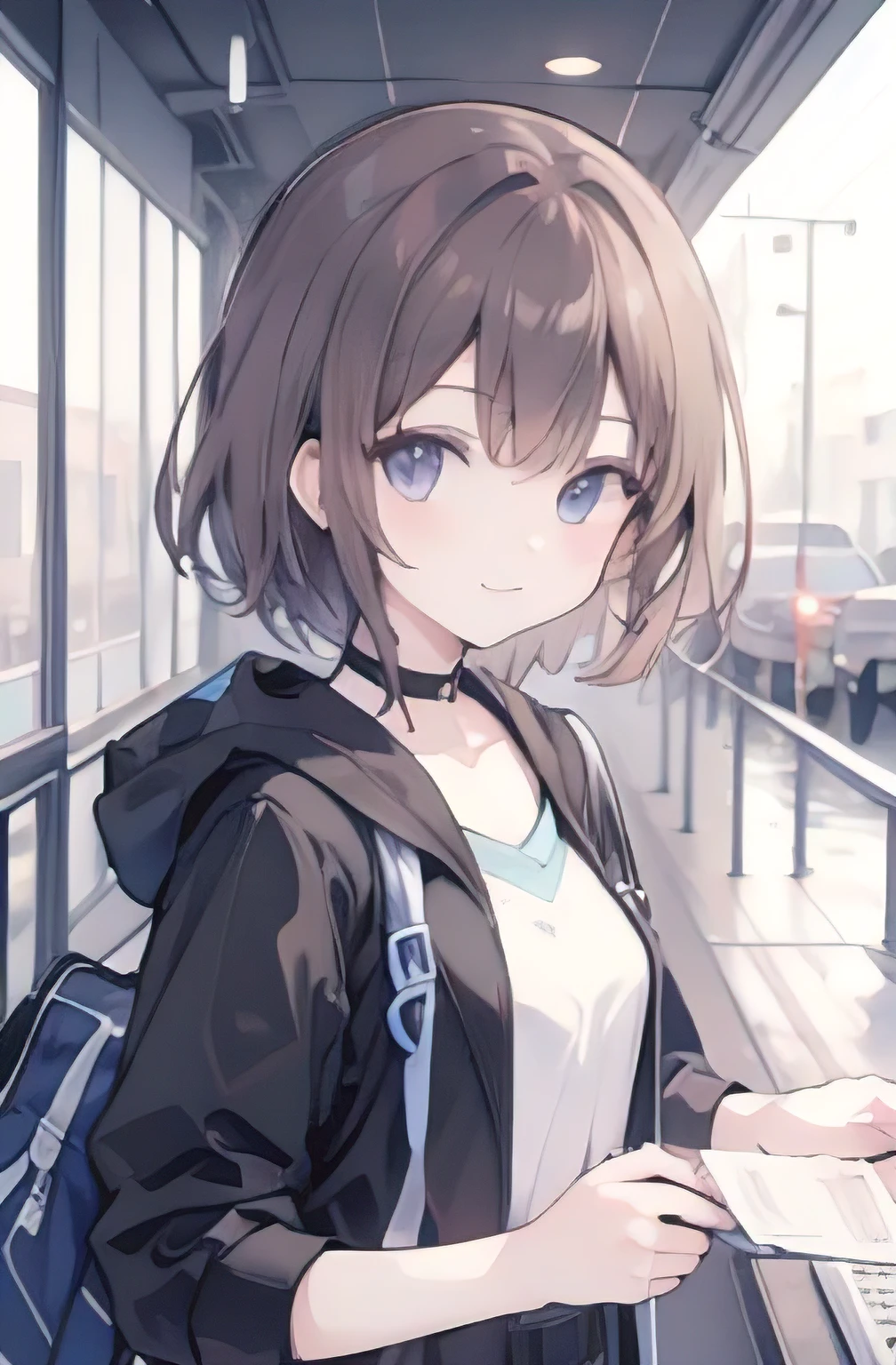 1girl, anime_coloring, black_eyes, brown_hair, choker, short_hair, smile, solo, style_parody,