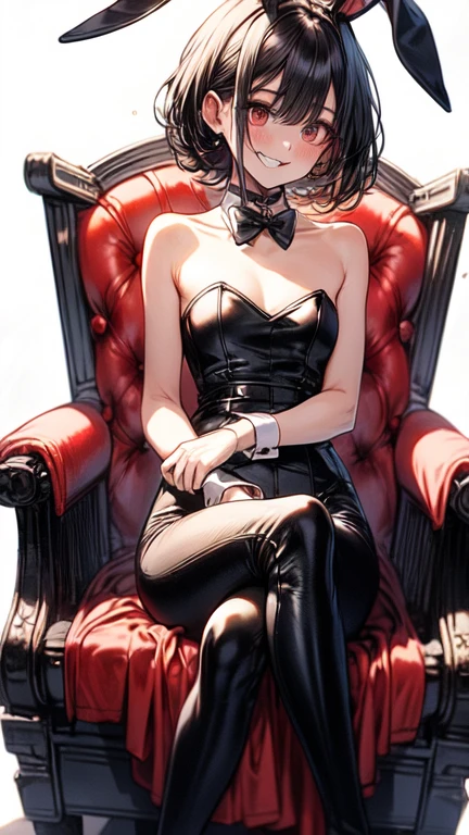 (masterpiece), best quality, (HD), (8k), extremely detailed, HDR, expressive eyes, perfect eyes, perfect face, illustration, ((wallpaper)), professional, epic, scene, sharp image, clear image, amazing details, ((detailed background)), bare shoulders, tail, brown pantyhose, bowtie, rabbit ears, red bow, wrist cuffs, strapless, detached collar, fake small rabbit ears, playboy bunny, rabbit tail, red bowtie, black leotard, bow, sitting, thrones, crossed legs, grin, (feet:1.1), rukia (bleach), choker, necklace shinny black leggings ,thin arms,thin legs,thin body,big round chest,high hails