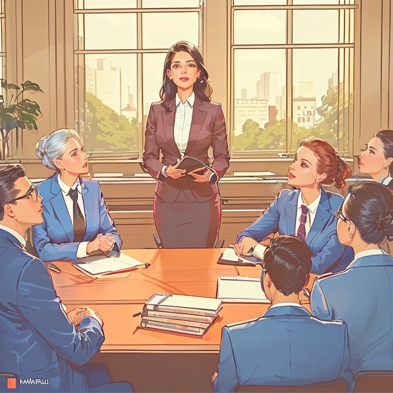 There's a woman in front of a group of people, female advogado, professional illustration, in a meeting room, business meeting, commercial illustration, advogado, Business woman, professional illustration, por Marshall Arisman, in meeting together, art cover illustration, editorial illustration, Direction: Simon Ushakov, digital illustration -, by Inacio Zuloaga