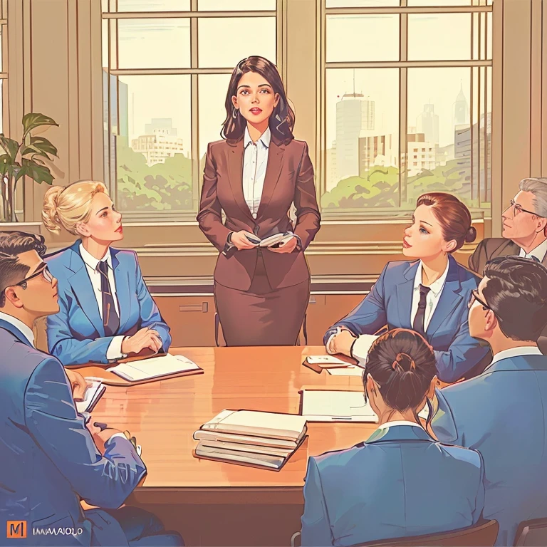 There's a woman in front of a group of people, female advogado, professional illustration, in a meeting room, business meeting, commercial illustration, advogado, Business woman, professional illustration, por Marshall Arisman, in meeting together, art cover illustration, editorial illustration, Direction: Simon Ushakov, digital illustration -, by Inacio Zuloaga