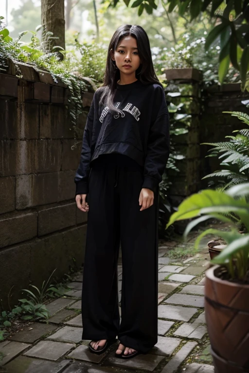 Malay Girl sees the ghost and pees her black palazzo pants until her pants are wet in fright.
