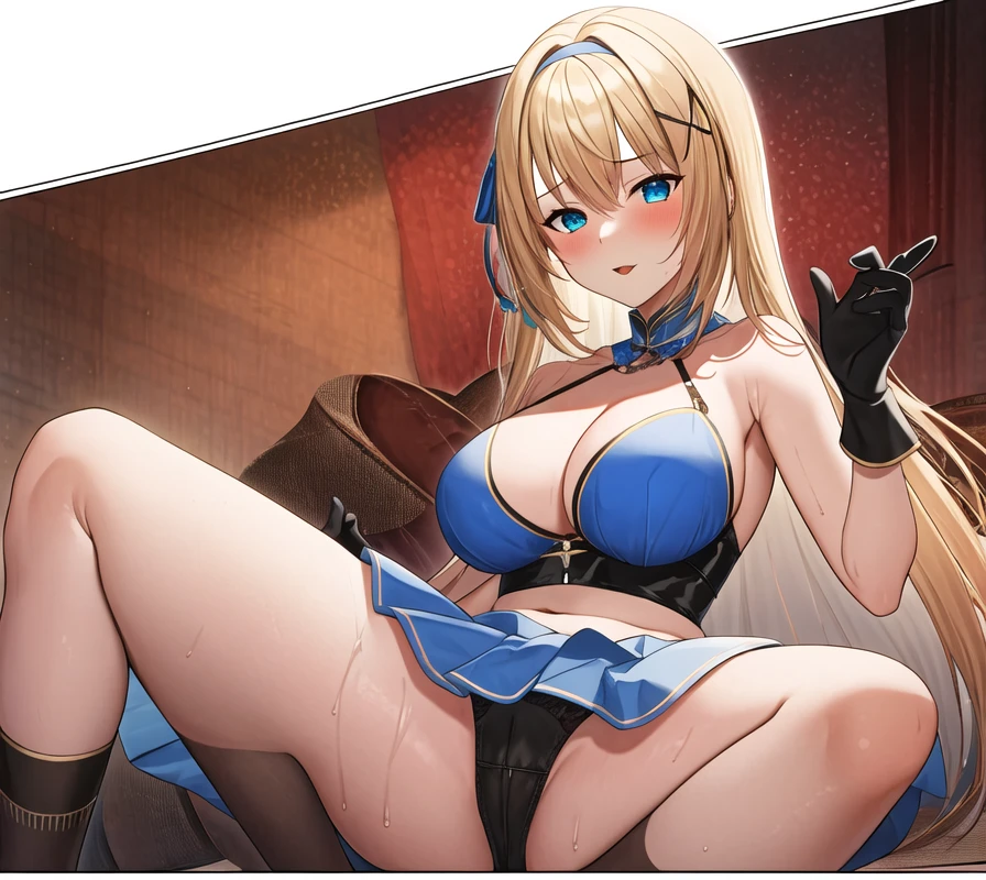 (masterpiece, best quality:1.2), 1 Girl, Solitary, blond, Blue hair band, 左边是Blue hair band, White blue breast, Black gloves, knight skirt, Solid color background