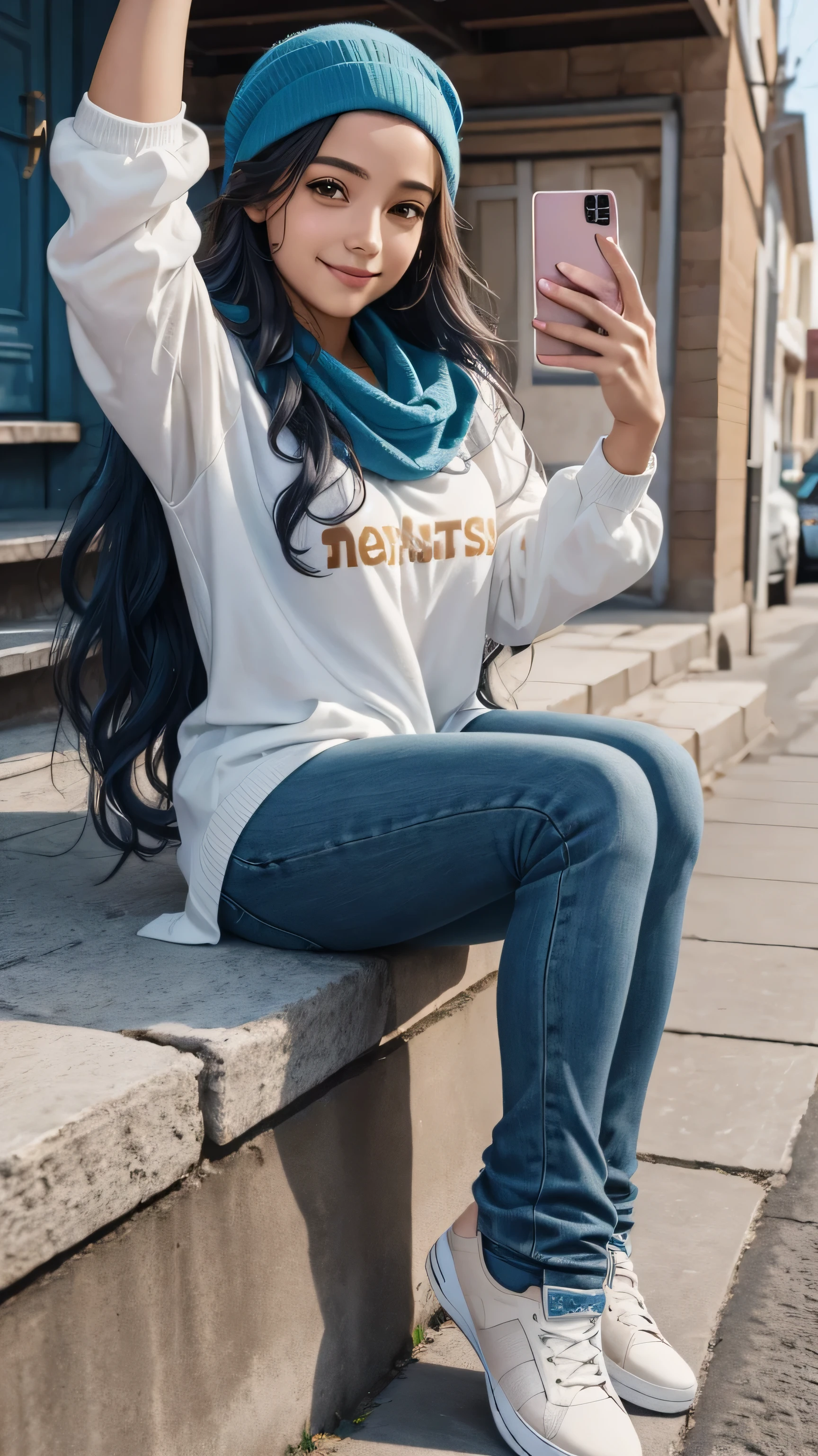 une jeune femme dans la vingtaine, with long wavy blue hair of a soft brown framing a delicate face. Her warm smile lights up her face and transmits positive energy. Nous voyons tout son corps. Elle est en tenue de sport. elle porte aussi des chaussures noires. a un bandana sur le visage et pose comme un gangster. She takes a selfie with her phone