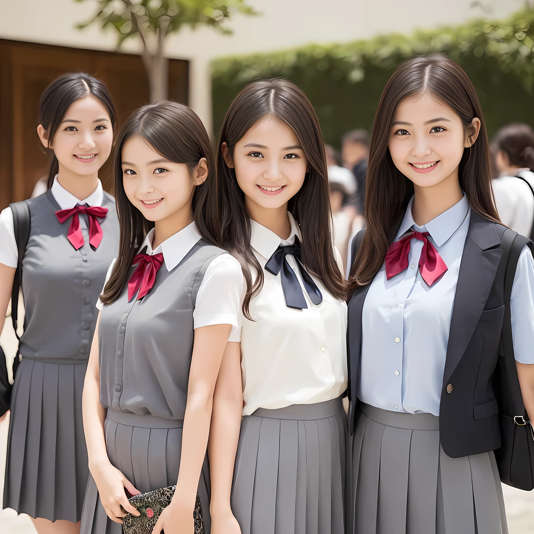 (highest quality, masterpiece:1.2), highest quality, Realistic, photograph, High resolution, 1080p, 8K, Physical Rendering, ((Height: 158cm)), ((((14 years old cute girly Japanese fashion models are standing like a fashion model and smiling directly at the viewer)))), (((big very detailed Japanese beautiful dark brown eyes))), ((loving and laughing at me!)), detailed fingers, ((curled blunt bangs)), ((((Very noble and cute eyes)))), ((double eyelids)), (((long eyelashes))), ((cute lovely lovely laughing laughing cheeks)), (((Her facial features are very expressive noble smile, very sweet, very intelligent))), ((((deep red ribbon bow tie)))), ((((black very beautiful and super long straight hair)))), ((((gray box-pleated school long skirt and grey vest)))), noble box-pleated skirt covers knees, ((((A ivory summer blouse with puffed short sleeves)))), ((Classical orchestra concert hall)), ((complexion lightening)), ((Full body shot)), Japanese girls legs, (((white socks and loafers))), (((The most beautiful girl in Japan)))
