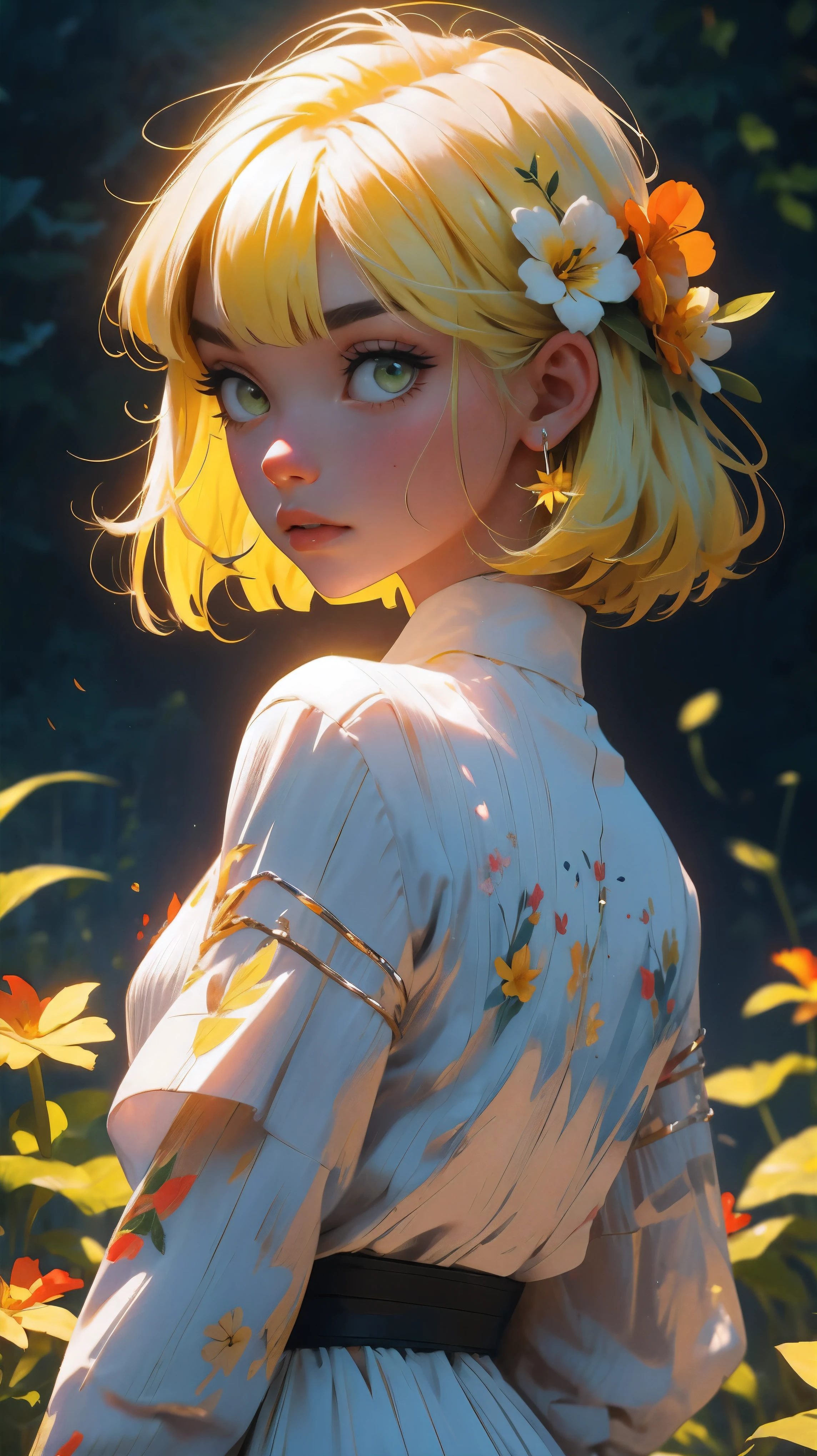 YXYcolor,1girl, only, yellow hair, Flower, hair ornament, hair flower, very long hair, upper body, bangs, Looking at the viewer, Simple background, leaf, Bob Cut, Plant, shirt, yellow shirt, blunt bangs, red flower, red lips, green eyes, tropical leaves on the background