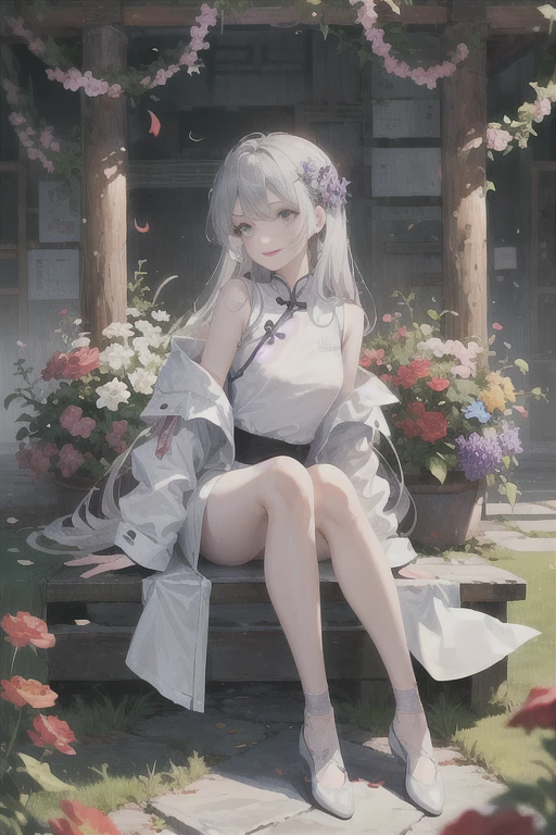 masterpiece, Excellent, daytime, outdoor, Falling Flowers, Branches, Chinese, China, 1 girl, Perfect Woman, woman with long silver hair, Gray blue eyes, Light pink lips, cold, Serious, boom, Purple Eyes, White clothes, Black clothing series, Delicate face, Delicate face, Sitting Legs, Smile