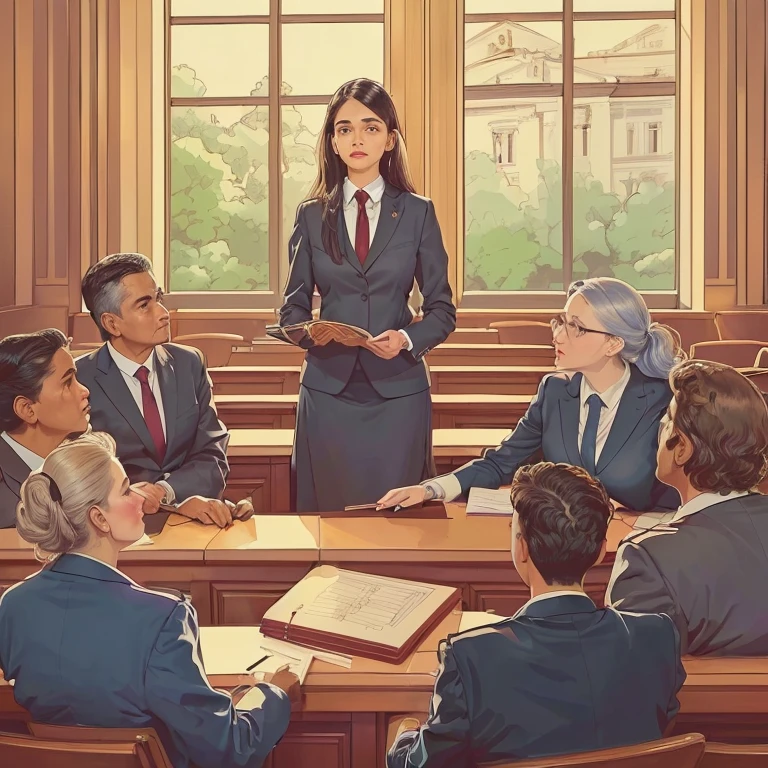 there is a woman standing at a table with a group of people, female advogado, em um tribunal, em corte, cena do tribunal, advogado, images from the court session, official illustration, desenho de tribunal, sala do tribunal, arte oficial, art cover illustration, Judgment, desenho do tribunal, sala do tribunal sketch, interesting illustration, court sketch art, editorial illustration, Judicial policy