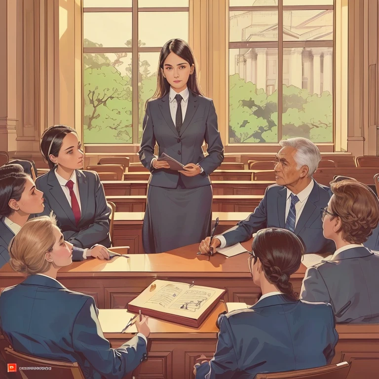 there is a woman standing at a table with a group of people, female advogado, em um tribunal, em corte, cena do tribunal, advogado, images from the court session, official illustration, desenho de tribunal, sala do tribunal, arte oficial, art cover illustration, Judgment, desenho do tribunal, sala do tribunal sketch, interesting illustration, court sketch art, editorial illustration, Judicial policy
