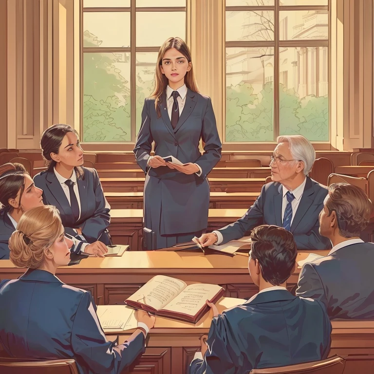 there is a woman standing at a table with a group of people, female advogado, em um tribunal, em corte, cena do tribunal, advogado, images from the court session, official illustration, desenho de tribunal, sala do tribunal, arte oficial, art cover illustration, Judgment, desenho do tribunal, sala do tribunal sketch, interesting illustration, court sketch art, editorial illustration, Judicial policy