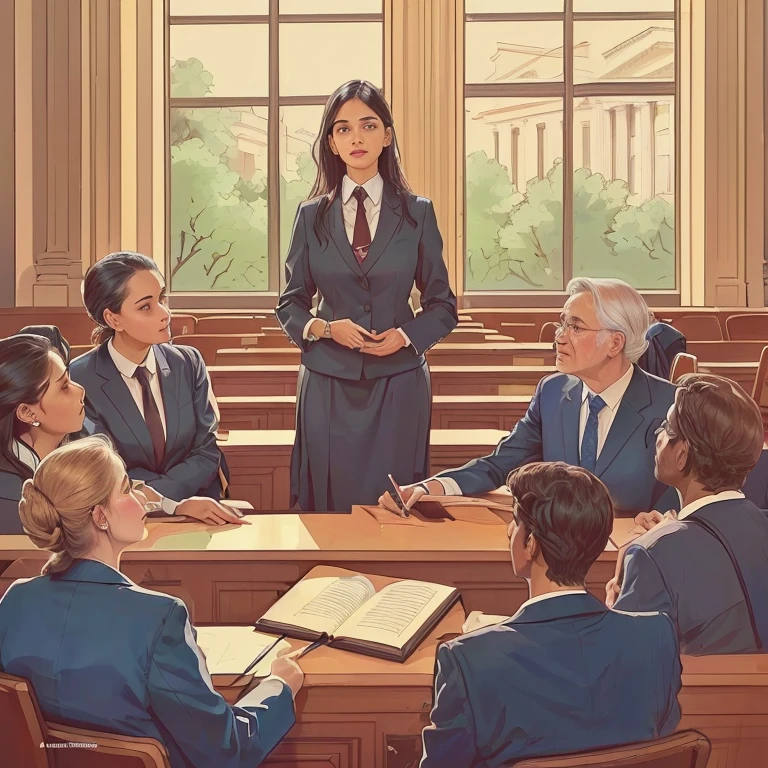 there is a woman standing at a table with a group of people, female advogado, em um tribunal, em corte, cena do tribunal, advogado, images from the court session, official illustration, desenho de tribunal, sala do tribunal, arte oficial, art cover illustration, Judgment, desenho do tribunal, sala do tribunal sketch, interesting illustration, court sketch art, editorial illustration, Judicial policy