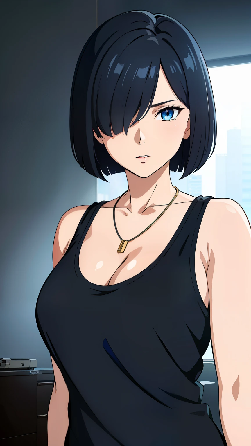 (best quality:1.5, highres, UHD, 4K, detailed lighting, shaders), black hair, bob cut, hair covering one eye, cool woman, cool girl, sharp eyes, blue eyes, beautiful, bedroom background, tank top and trunks clothes, (pov, close shot), using necklace