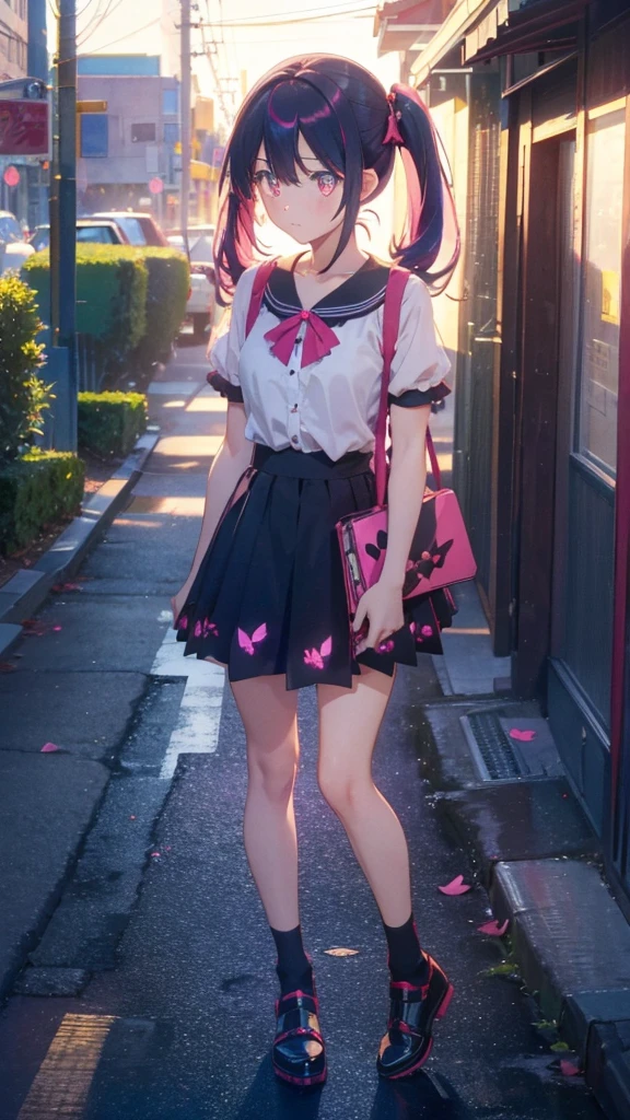 1 anime girl, alone,Black petals flutter, A mysteriously shining butterfly.city,bright pink hair,red gem eyes,long twin tails,thin legs,very clear,highest quality,all around,city,beautiful morning,Asahi,close up face,Sunny,whole body,Sad expression,Standing on a street corner