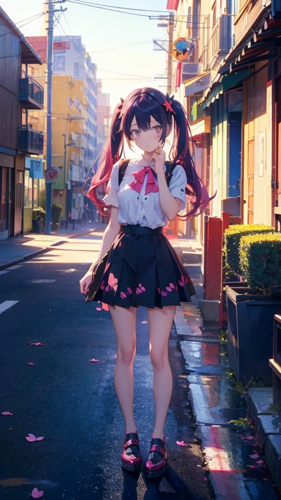 1 anime girl, alone,Black petals flutter, A mysteriously shining butterfly.city,bright pink hair,red gem eyes,long twin tails,thin legs,very clear,highest quality,all around,city,beautiful morning,Asahi,close up face,Sunny,whole body,Sad expression,Standing on a street corner